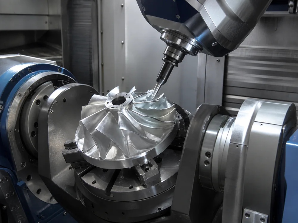 AI-generated placeholder of a five-axis CNC machine cutting a complex metal impeller