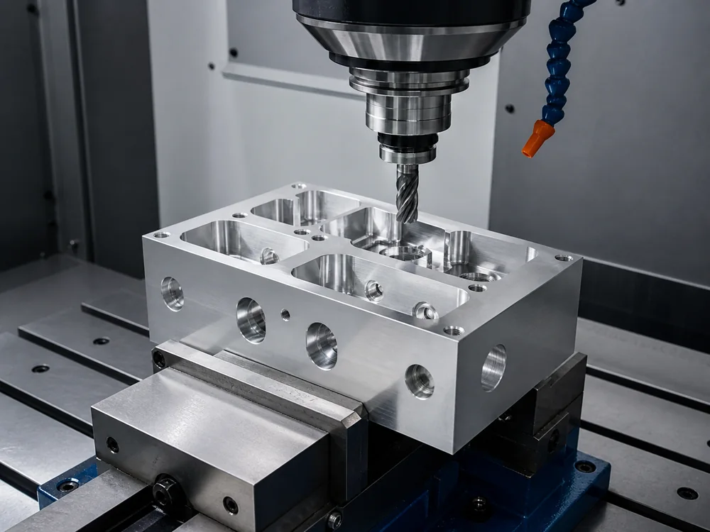 AI-generated placeholder of CNC milling on an aluminum manifold component