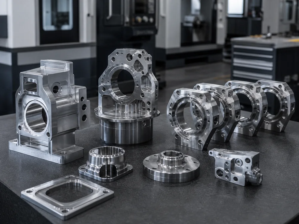 AI-generated placeholder collection of machined metal prototype and production parts