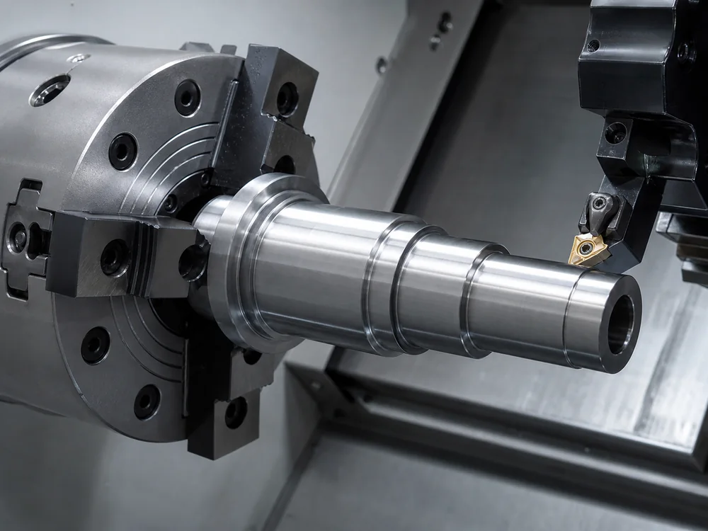 AI-generated placeholder of a precision shaft in a CNC turning center