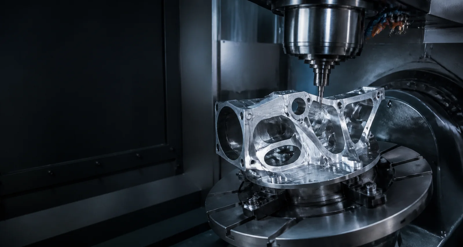 CNC machine cutting a complex metal component