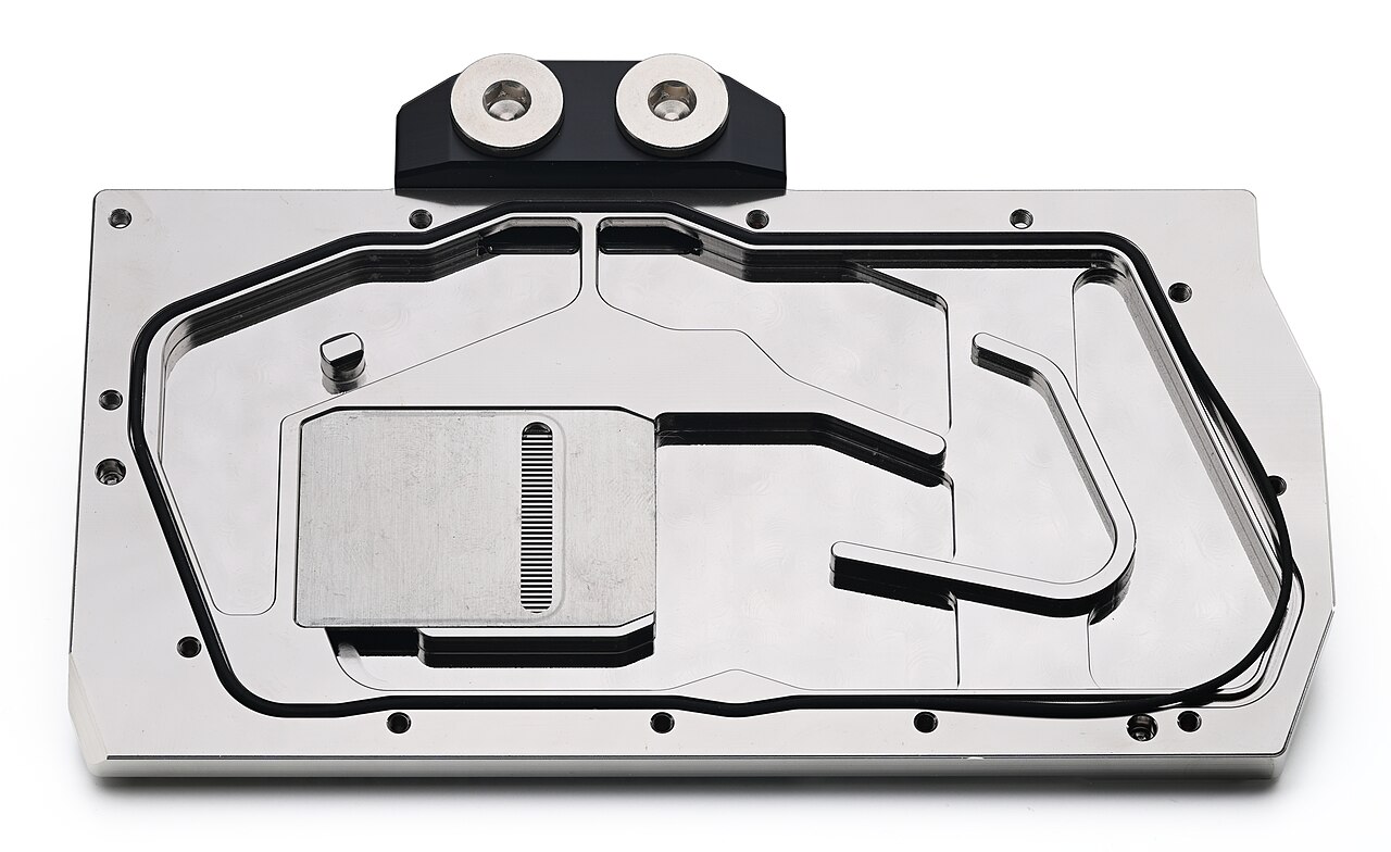 Nickel-plated copper cold plate with exposed coolant channels, a third-party liquid-cooling example